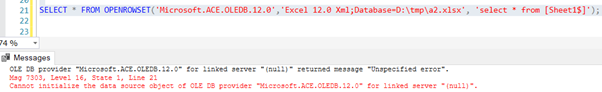 Cannot initialize the data source object of OLE DB provider "Microsoft.ACE.OLEDB.12.0" for linked server "(null)".